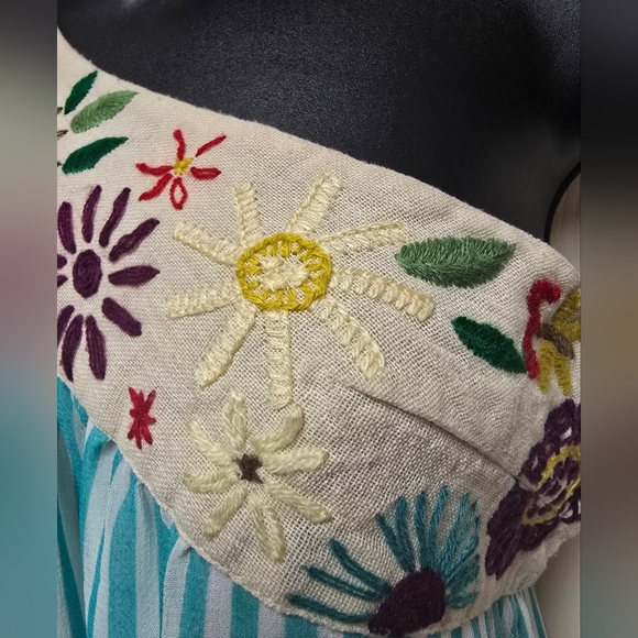 Judith March One Shoulder Embroidered Teal Blue Striped Mini Dress Womens Size M - Picture 14 of 16